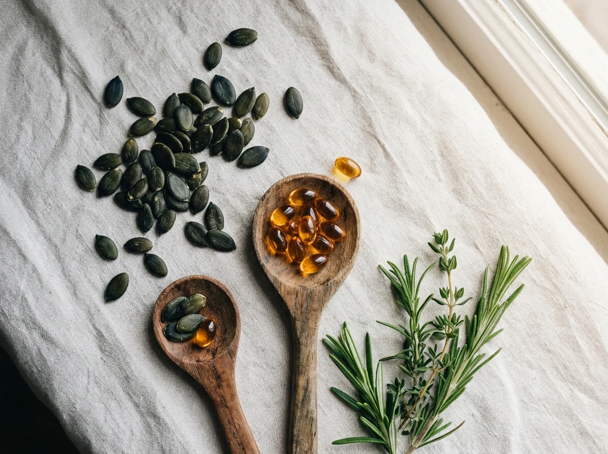Naturliga ingredienser: pumpafrön, örter och kosttillskottskapslar